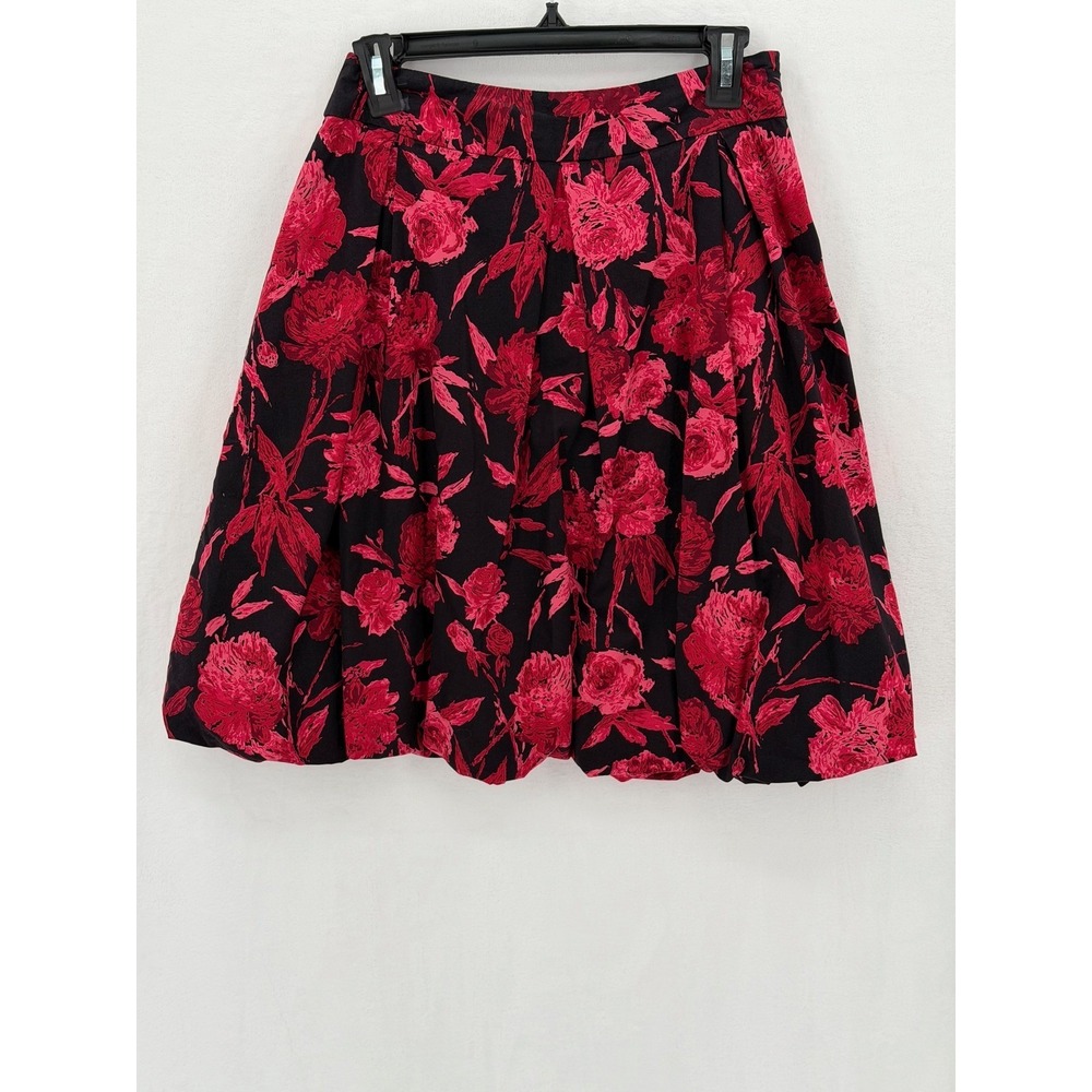 New York & Company Skirt Womens 2 Red Black Dark Floral Pleated Bubble Hem Boho